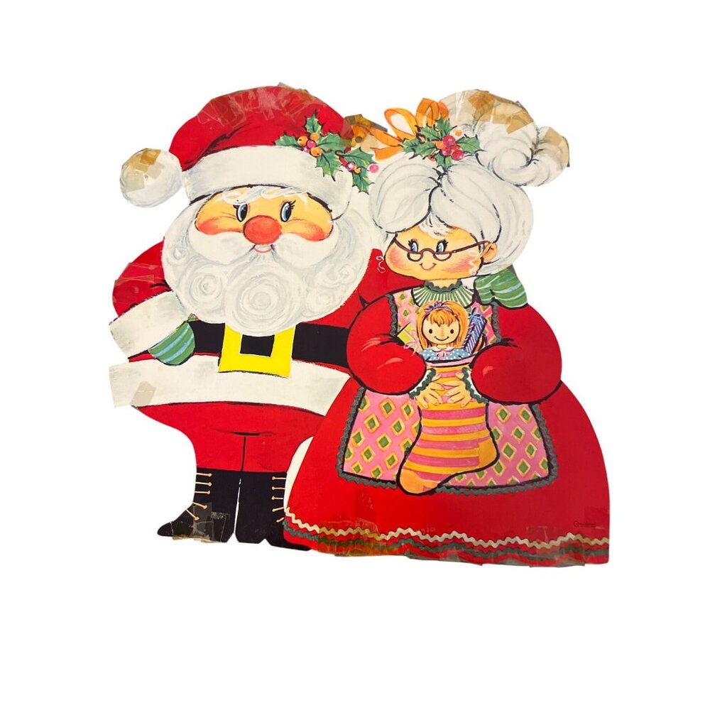Vintage Carrington Santa Mrs. Claus Cardboard Die Cut Stocking Christmas 13"